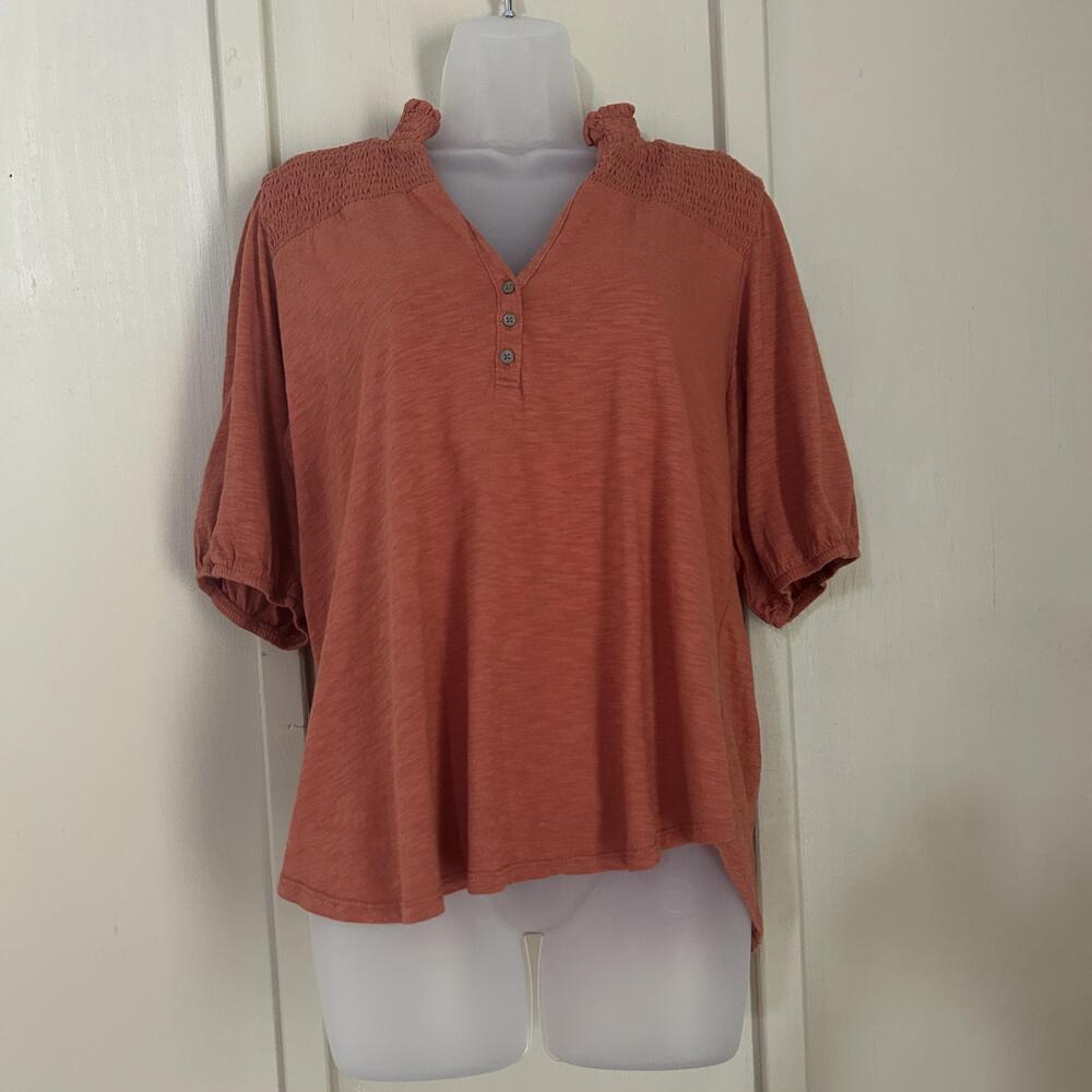 Knox Rose Blouse Womens XXL Orange Henley Short Puff Sleeve Smocked Ruffle Top